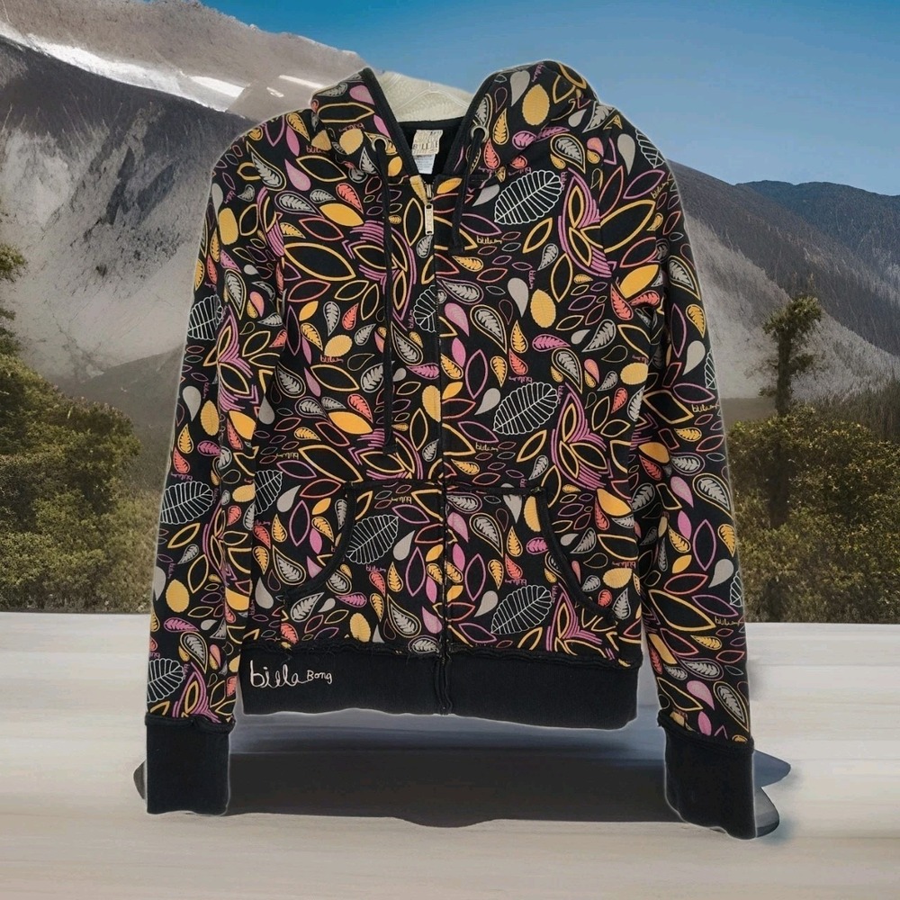 Y2K Billabong Full-zip Hoodie Women's M Black w/ Leaves All-Over Graphic Print